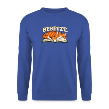 Besetzt – Katze auf Buch - Unisex Pullover - Royalblau - Vorne - Alina (178cm) & Michal (187cm)
