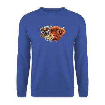 Kuhwitz Chef Highland Cattle - Unisex Pullover - Royalblau - Vorne - Alina (178cm) & Michal (187cm)