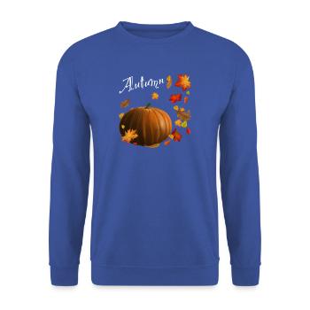 Autumn - Kürbis mit bunten Herbstblättern - Unisex Pullover - Royalblau - Vorne - Alina (178cm) & Michal (187cm)