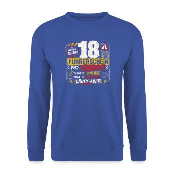 18 Geburtstag Führerschein Volljährig Geschenk - Unisex Pullover - Royalblau - Vorne - Alina (178cm) & Michal (187cm)