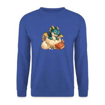 Neugeborener Drache zwischen Eiern und Buch - Unisex Pullover - Royalblau - Vorne - Alina (178cm) & Michal (187cm)