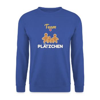 Team Plätzchen – Familien Weihnachtsoutfit - Unisex Pullover - Royalblau - Vorne - Alina (178cm) & Michal (187cm)