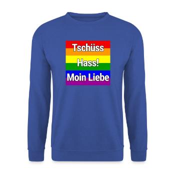 TSCHÜSS HASS MOIN LIEBE REGENBOGEN STATEMENT SHIRT - Unisex Pullover - Royalblau - Vorne - Alina (178cm) & Michal (187cm)
