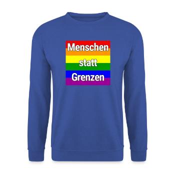 MENSCHEN STATT GRENZEN REGENBOGEN STATEMENT - Unisex Pullover - Royalblau - Vorne - Alina (178cm) & Michal (187cm)