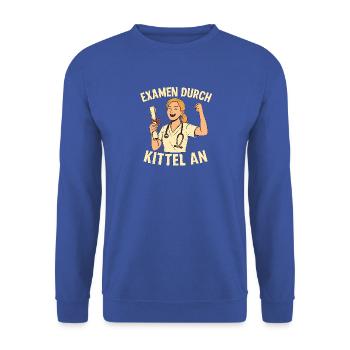 Examen bestanden – Kittel an - Unisex Pullover - Royalblau - Vorne - Alina (178cm) & Michal (187cm)