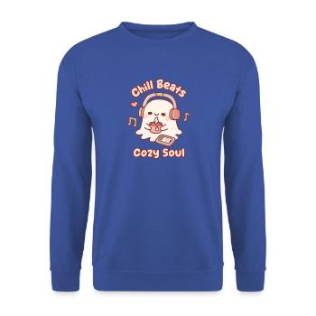 Chill schlägt Cozy Soul Cute Ghost mit Kopfhörern - Unisex Pullover - Royalblau - Vorne - Alina (178cm) & Michal (187cm)