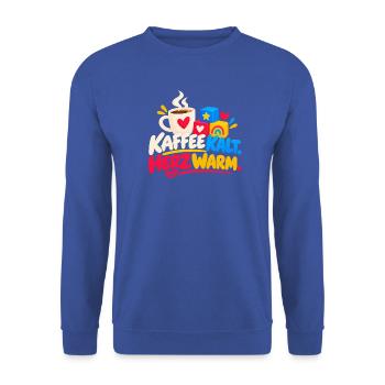 Kaffee Herz Wärme – Bunte Blöcke - Unisex Pullover - Royalblau - Vorne - Alina (178cm) & Michal (187cm)