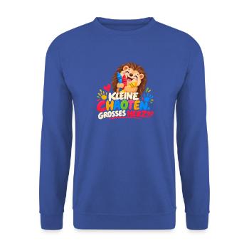 Kleiner Chaot mit Herz – Bunte Kinderzeichnung - Unisex Pullover - Royalblau - Vorne - Alina (178cm) & Michal (187cm)