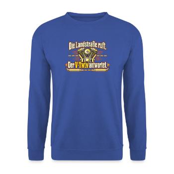 Cruiser Fahrer V-Twin Biker Motorradtour - Unisex Pullover - Royalblau - Vorne - Alina (178cm) & Michal (187cm)