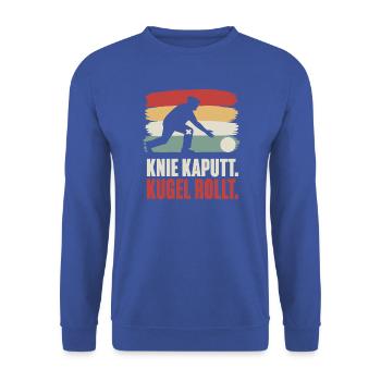 Knie kaputt Kugel rollt – Kegeln Retro Spruch - Unisex Pullover - Royalblau - Vorne - Alina (178cm) & Michal (187cm)