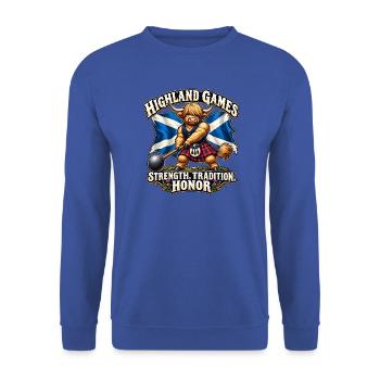 Highland Games Krafttradition Ehrung - Unisex Pullover - Royalblau - Vorne - Alina (178cm) & Michal (187cm)