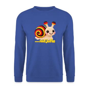 Nid juflä – Berndeutsch Spruch mit Schnecke - Unisex Pullover - Royalblau - Vorne - Alina (178cm) & Michal (187cm)