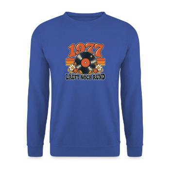 Jahrgang 1977 Vinyl - Läuft noch rund! - Unisex Pullover - Royalblau - Vorne - Alina (178cm) & Michal (187cm)