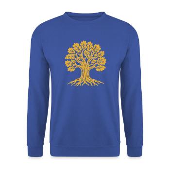 Eiche Schwarz Rot Gold Grafik Holzschnitt - Unisex Pullover - Royalblau - Vorne - Alina (178cm) & Michal (187cm)