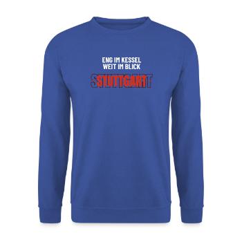 Eng im Kessel weit im Blick Heimat Schwaben - Unisex Pullover - Royalblau - Vorne - Alina (178cm) & Michal (187cm)
