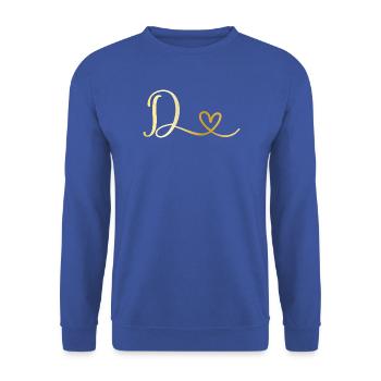 Buchstabe D goldenes Monogramm mit Herz - Unisex Pullover - Royalblau - Vorne - Alina (178cm) & Michal (187cm)