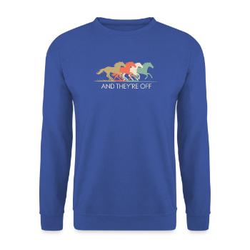 Vintage Rennpferde Illustration - Unisex Pullover - Royalblau - Vorne - Alina (178cm) & Michal (187cm)