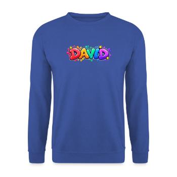 DAVID in Graffiti: Das Geschenk, das einen Schlag macht - Unisex Pullover - Royalblau - Vorne - Alina (178cm) & Michal (187cm)