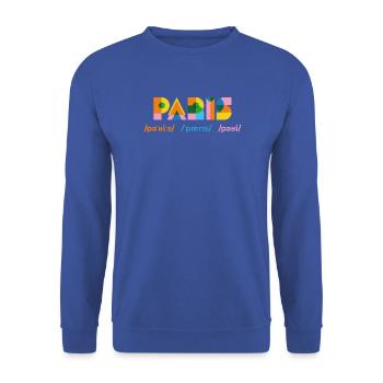 Geometrisches Paris Farbspiel - Unisex Pullover - Royalblau - Vorne - Alina (178cm) & Michal (187cm)