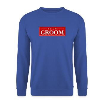 Team Groom Schriftzug Rot - Unisex Pullover - Royalblau - Vorne - Alina (178cm) & Michal (187cm)