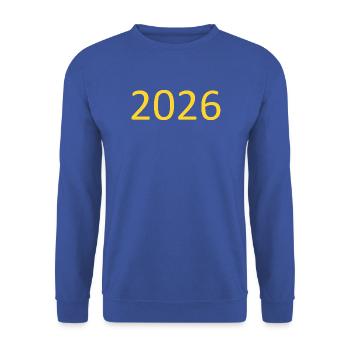 2026 gelb Vorlage selbst gestalten personalisieren - Unisex Pullover - Royalblau - Vorne - Alina (178cm) & Michal (187cm)