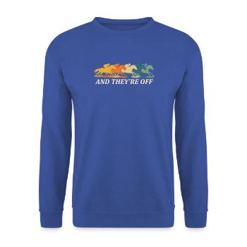 Und sie sind vom Pferderenn-Derby-Fan - Unisex Pullover - Royalblau - Vorne - Alina (178cm) & Michal (187cm)