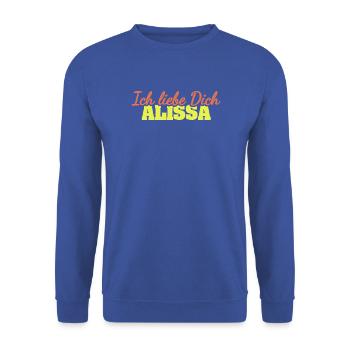 Ich liebe Dich ALISSA Retro-Print - Unisex Pullover - Royalblau - Vorne - Alina (178cm) & Michal (187cm)