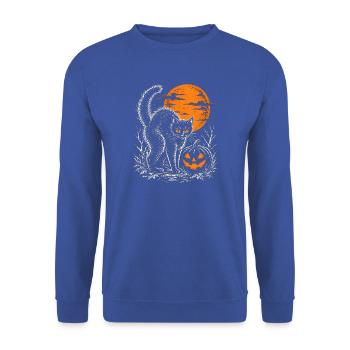 Schwarze Katze im Licht der Kürbislaterne - Unisex Pullover - Royalblau - Vorne - Alina (178cm) & Michal (187cm)