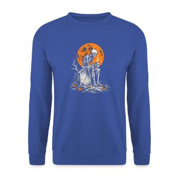 Skelett mit Kaffeetasse auf dem Grabstein - Unisex Pullover - Royalblau - Vorne - Alina (178cm) & Michal (187cm)