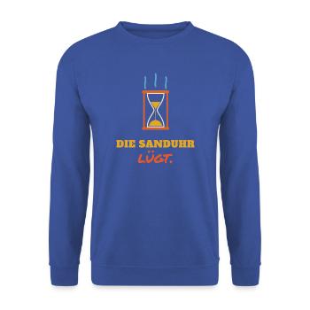 Sauna Sanduhr lügt – Saunagänger Aufguss Spruch - Unisex Pullover - Royalblau - Vorne - Alina (178cm) & Michal (187cm)
