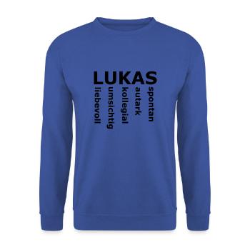Lukas - Ein ganz spezielles Design nur für Lukas - Unisex Pullover - Royalblau - Vorne - Alina (178cm) & Michal (187cm)