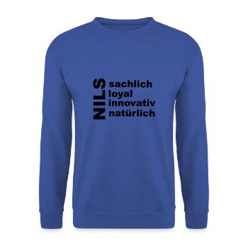 Nils - Ein ganz besonders Design nur für Nils - Unisex Pullover - Royalblau - Vorne - Alina (178cm) & Michal (187cm)