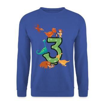 T-shirt anniversaire 3 ans jeunes dinosaures - Sweat-shirt Unisexe - bleu royal - Devant - Alina (178cm) & Michal (187cm)