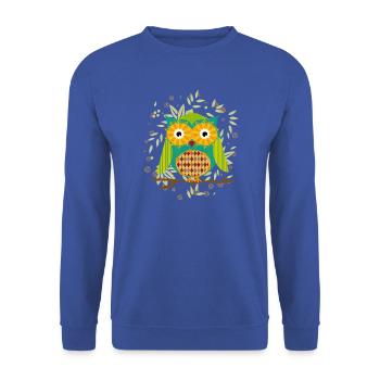 kunstvoll gestaltete Eule mit Patchwork-Muster - Unisex Pullover - Royalblau - Vorne - Alina (178cm) & Michal (187cm)