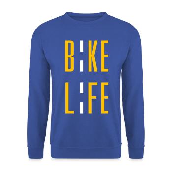Bike Life Road Stripe Typografie - Unisex Pullover - Royalblau - Vorne - Alina (178cm) & Michal (187cm)