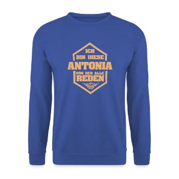 Geschenk für Antonia - Unisex Pullover - Royalblau - Vorne - Alina (178cm) & Michal (187cm)