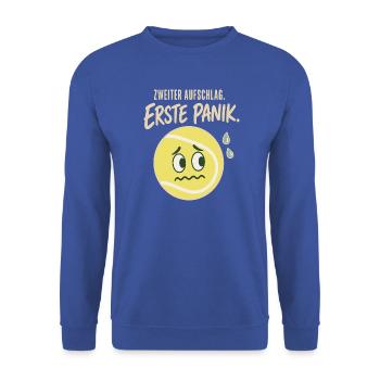 Zweiter Aufschlag Erste Panik Tennis Spruch - Unisex Pullover - Royalblau - Vorne - Alina (178cm) & Michal (187cm)