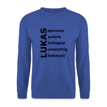 Lukas - Ein ganz spezielles Design nur für Lukas - Unisex Pullover - Royalblau - Vorne - Alina (178cm) & Michal (187cm)