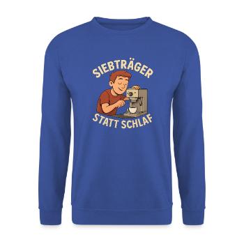 Geschenk für Hobby-Baristas mit erster Siebträgerm - Unisex Pullover - Royalblau - Vorne - Alina (178cm) & Michal (187cm)
