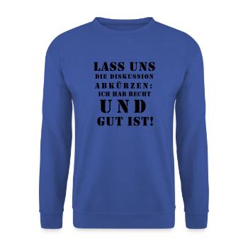 Lustige Sprüche Diskussion abkürzen Besserwisser - Unisex Pullover - Royalblau - Vorne - Alina (178cm) & Michal (187cm)