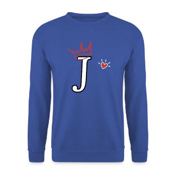 Buchstabe j Kronenherz - Unisex Pullover - Royalblau - Vorne - Alina (178cm) & Michal (187cm)