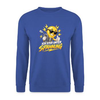 Unter Spannung Glühbirne Spruch - Unisex Pullover - Royalblau - Vorne - Alina (178cm) & Michal (187cm)