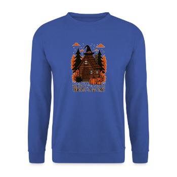 Hexenhäuschen mit Kürbissen Herbstmotiv - Unisex Pullover - Royalblau - Vorne - Alina (178cm) & Michal (187cm)