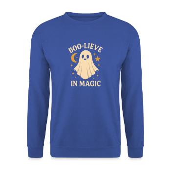 Geister-Design mit Zauber-Motto - Unisex Pullover - Royalblau - Vorne - Alina (178cm) & Michal (187cm)