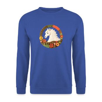 Gesticktes Pferdemotiv im Blumenkreis - Unisex Pullover - Royalblau - Vorne - Alina (178cm) & Michal (187cm)