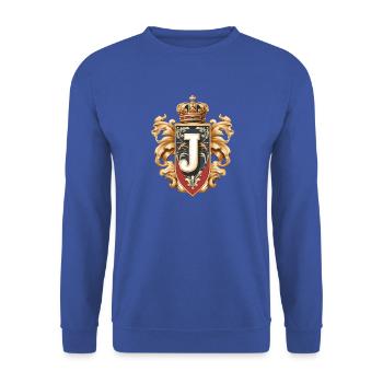 J Buchstabe Name Krone - Unisex Pullover - Royalblau - Vorne - Alina (178cm) & Michal (187cm)