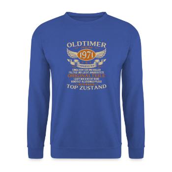 55. Geburtstag Geschenk Oldtimer Januar 1971 - Unisex Pullover - Royalblau - Vorne - Alina (178cm) & Michal (187cm)