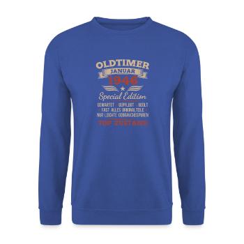80. Geburtstag Geschenk Oldtimer Januar 1946 - Unisex Pullover - Royalblau - Vorne - Alina (178cm) & Michal (187cm)