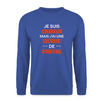 Ich bin kahl, aber ich habe einen Pferdeschwanz - Unisex Pullover - Royalblau - Vorne - Alina (178cm) & Michal (187cm)