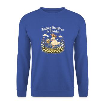 Deadlines gegen Gänseblümchen | Cottagecore - Unisex Pullover - Royalblau - Vorne - Alina (178cm) & Michal (187cm)